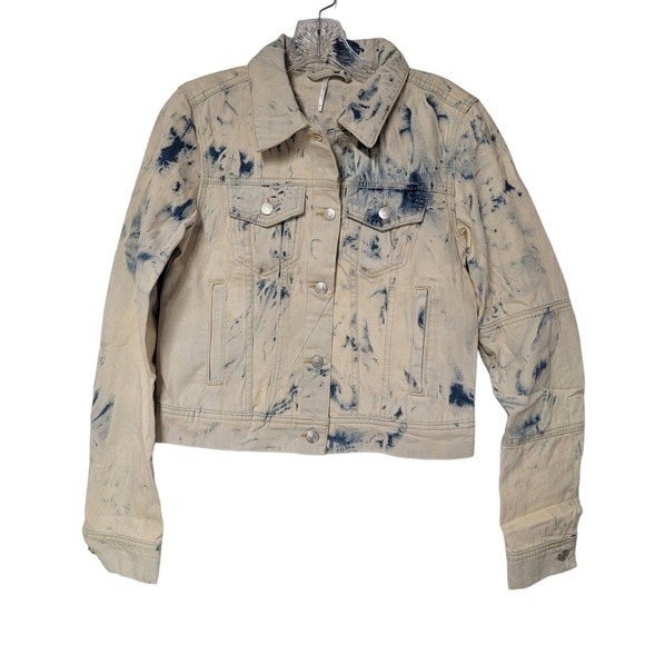 ✨FREE PEOPLE Rumors Denim‎ Jacket Jones Tie Dye Blue Size X SMALL - Picture 3 of 7